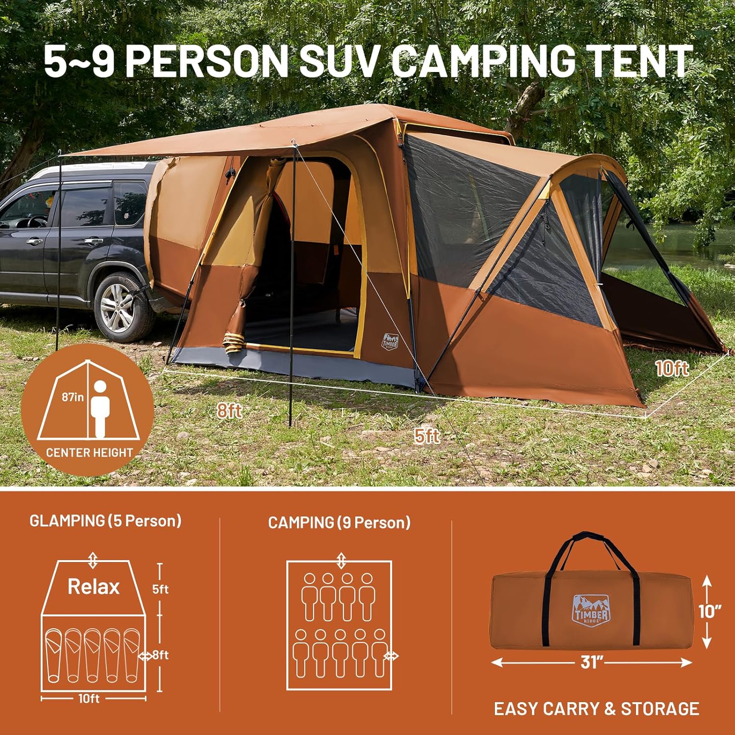 TIMBER RIDGE 5-9 Person SUV Tent with Screen Porch and Awning for Family Camping, Weather Resistant and Portable Van or Car Tent, Includes Rainfly and Storage Bag, 13' W X 10' L X 7.1' H wourant