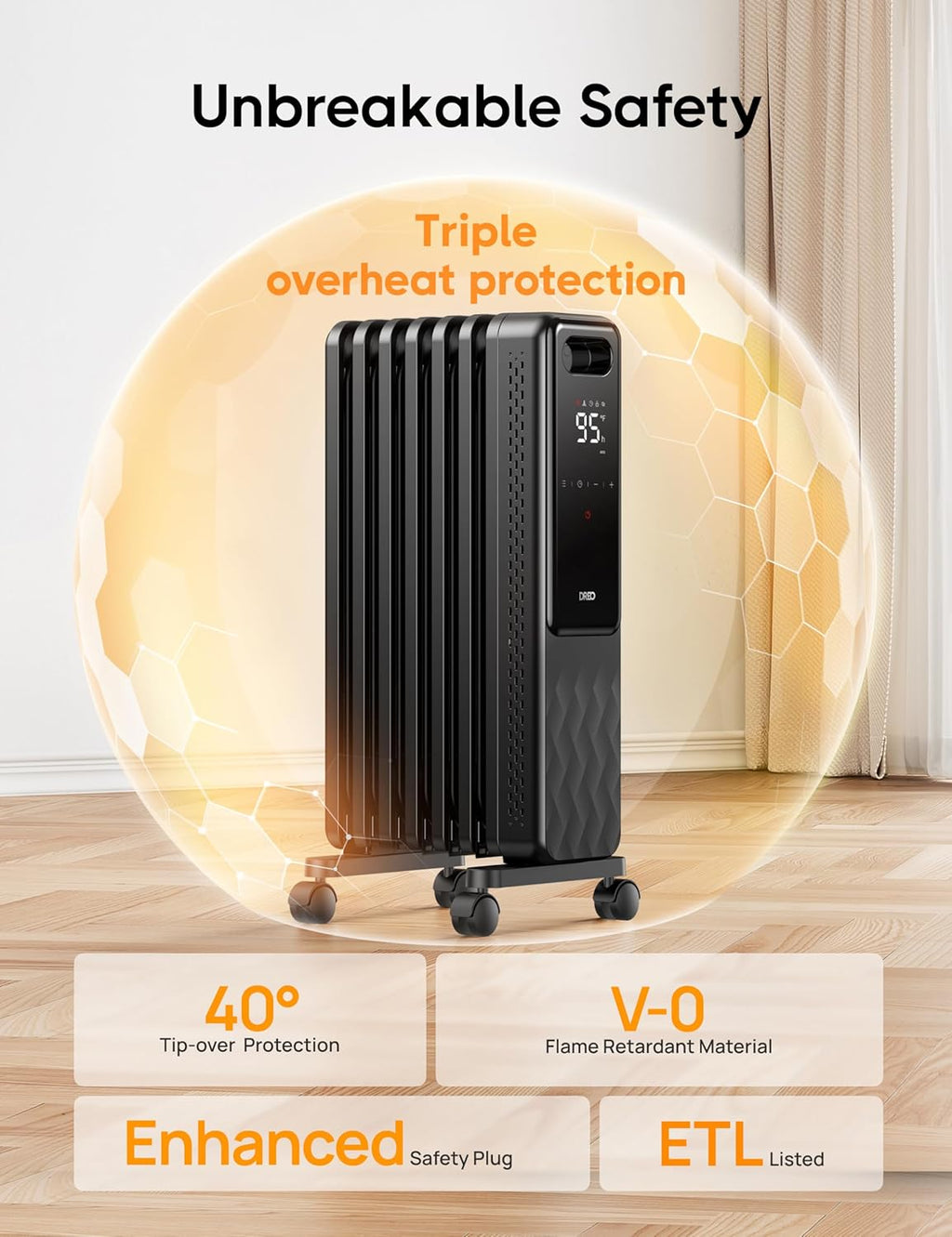 Indoor electric radiant heater with overheat and tip-over protection, digital thermostat, oil-filled radiator wourant