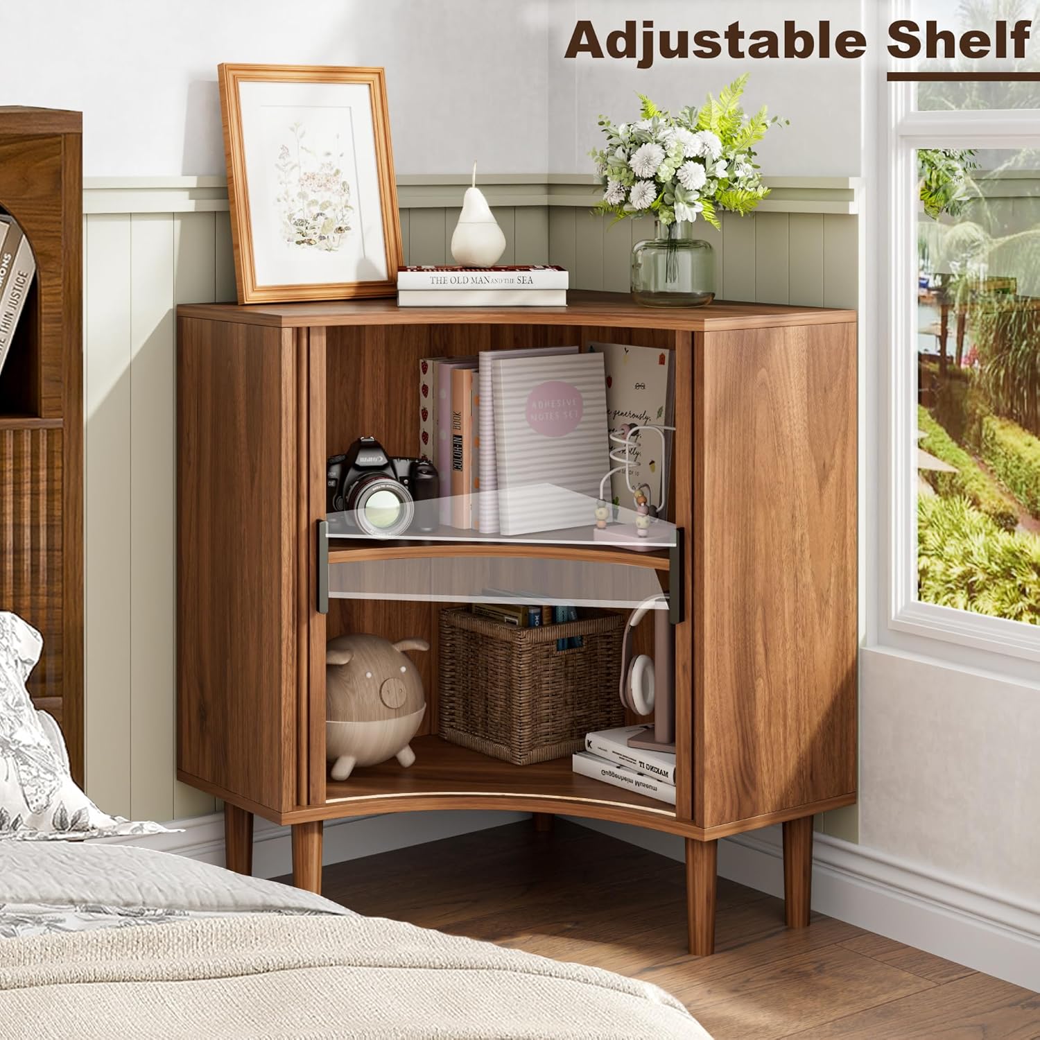 Fluted corner cabinet, small corner base cabinet modern wooden storage organizer wourant