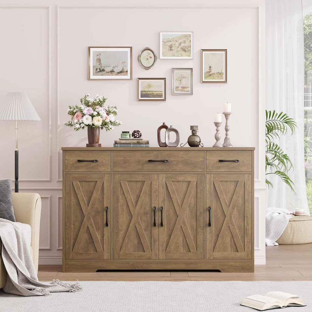 HOSTACK Buffet Cabinet with Drawers, 55" Large Sideboard Buffet Storage Cabinet with Shelves and Doors, Modern Farmhouse Coffee Bar Station Wood Kitchen Table for Kitchen, Dining Room, White/Rustic wourant