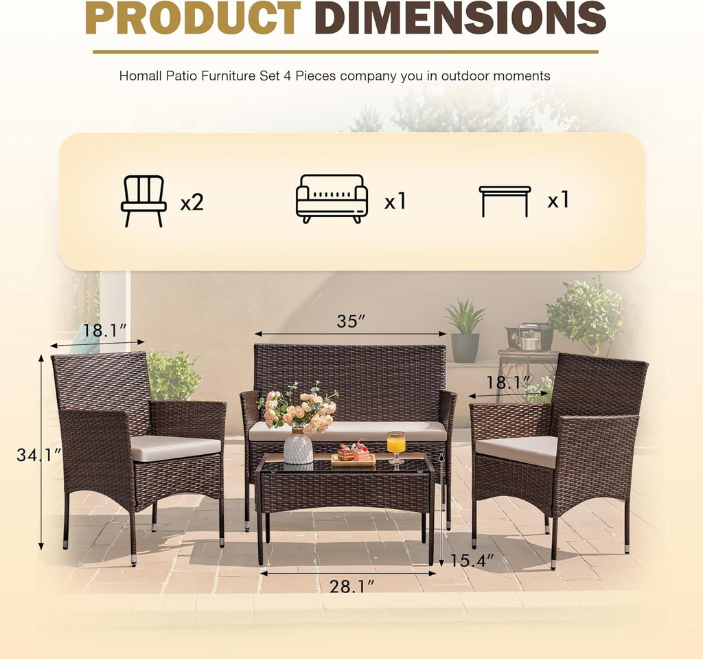 Homall 4 Pieces Outdoor Patio Furniture Sets Rattan Chair Wicker Set, Outdoor Indoor Use Backyard Porch Garden Poolside Balcony Furniture Sets (Grey) wourant
