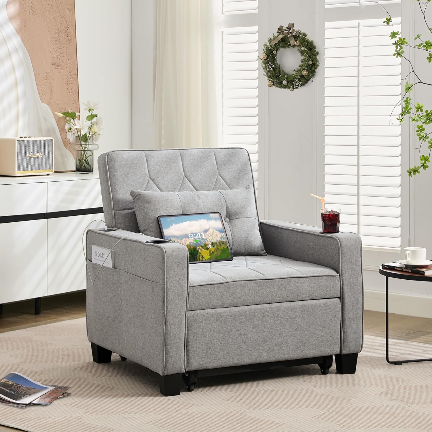Adult Convertible Sleeper Chair Bed, 3-in-1 Pull-Out Sofa Bed with USB/Type-C Ports, Cup Holders, Side Pockets, Single Sofa wourant