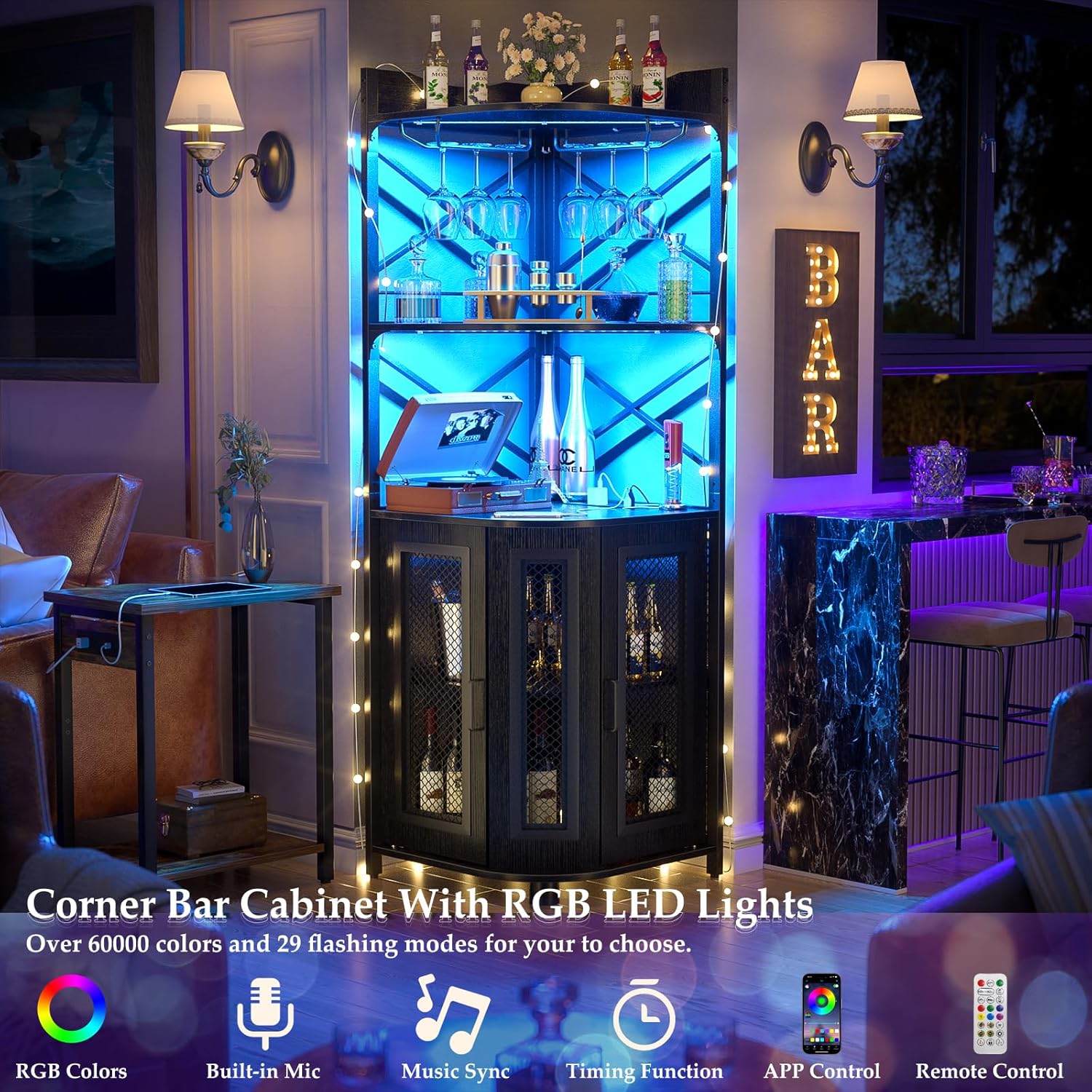 Corner bar cabinet with power socket, industrial style wine cabinet with LED light strip and glass rack, home five-layer wine cabinet bar unit, small space corner display cabinet wourant