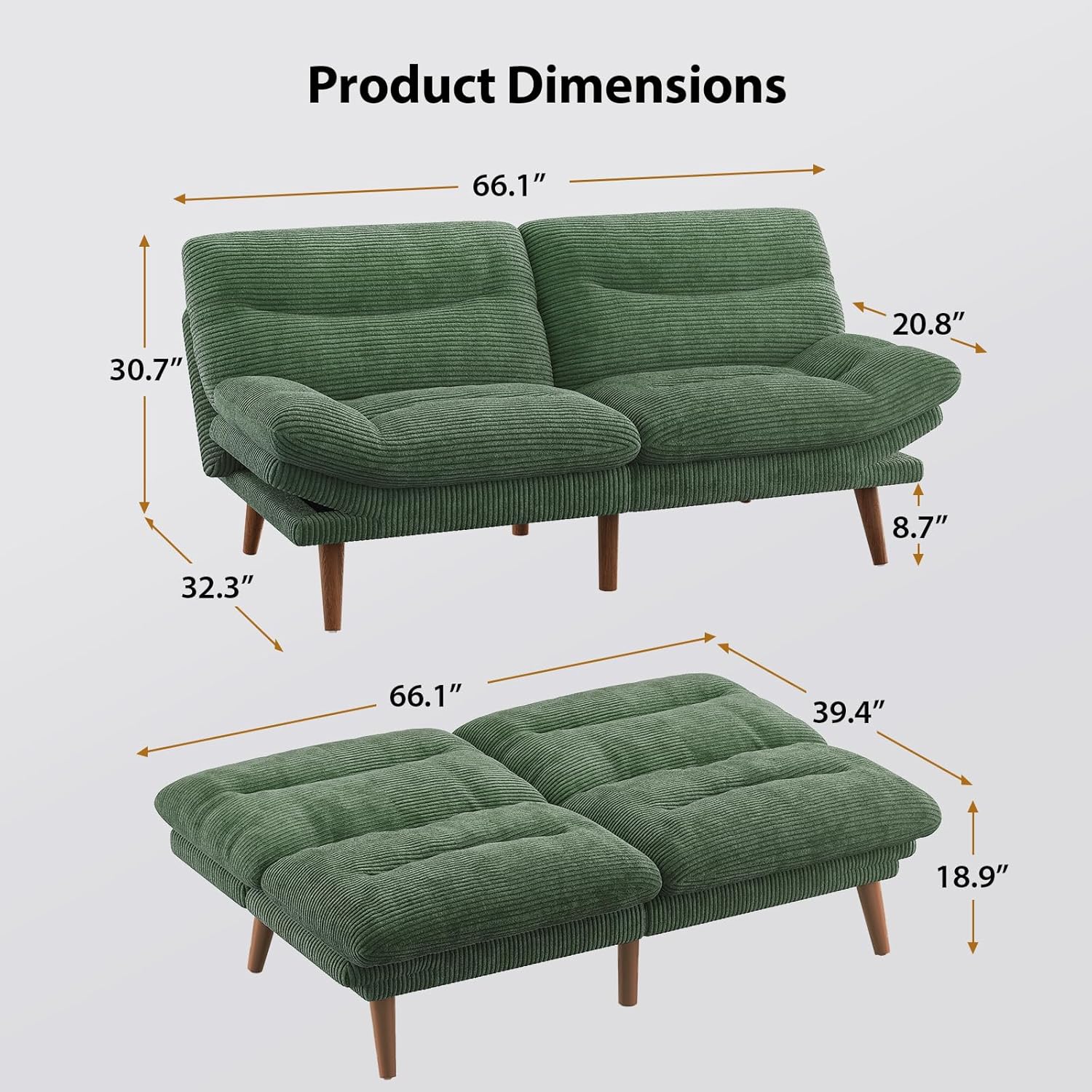 Convertible Futon Sofa Bed, 66 Inch Corduroy Futon Sofa Recliner Sofa Bed for Small Spaces, Playrooms or Offices wourant