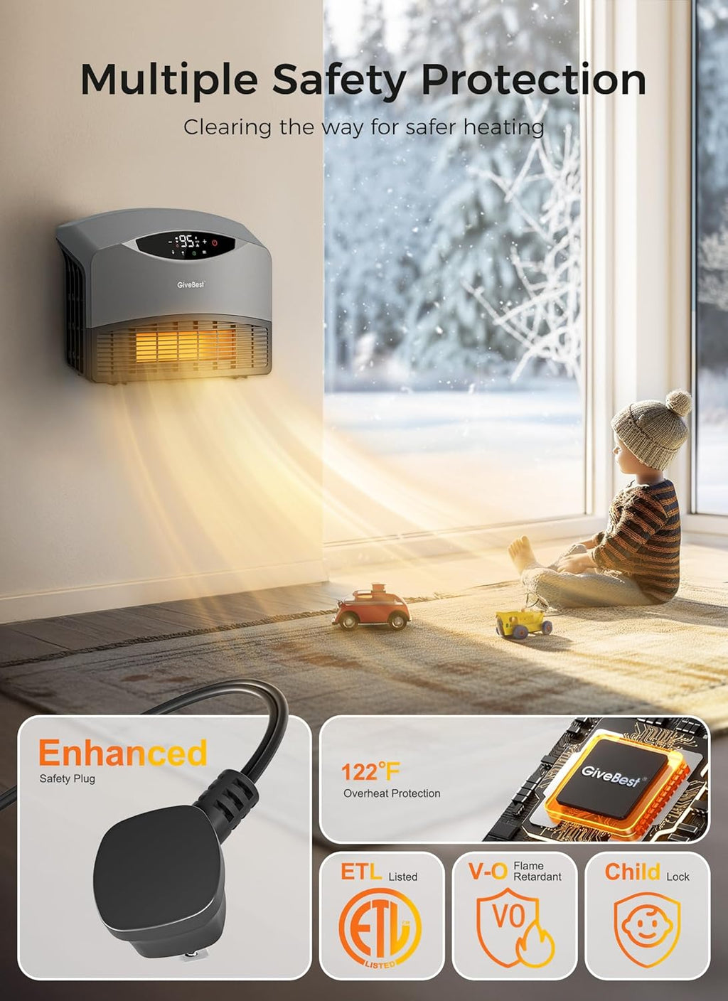Wall mounted electric heater with WiFi and remote control, floor standing heater 1500W fast coverage for large rooms wourant