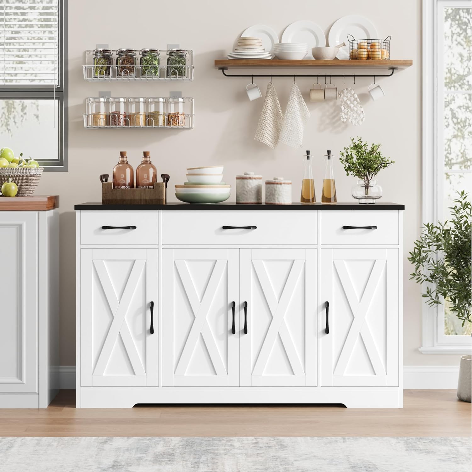 Sideboard with drawers, large 55-inch sideboard, sideboard storage with shelves and doors, modern farmhouse coffee bar wood kitchen dining table wourant