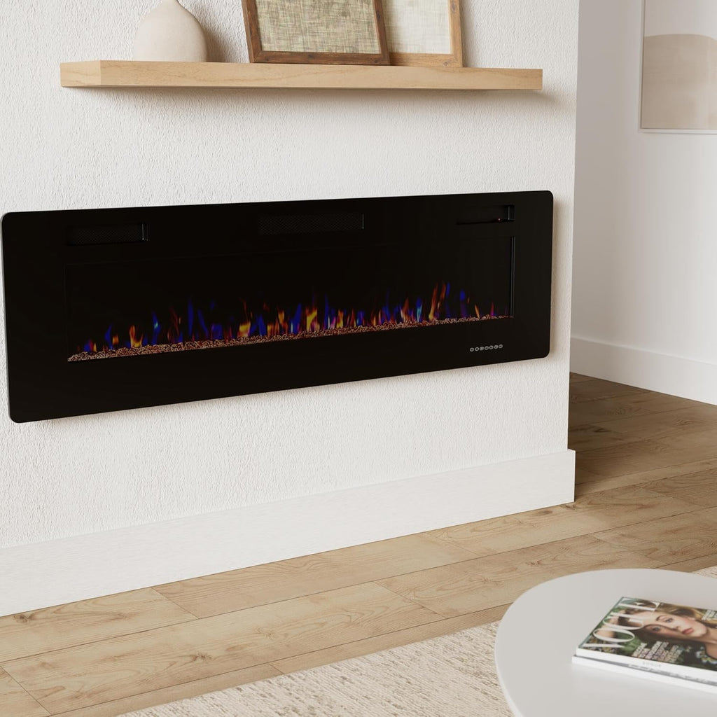 R.W.FLAME 60" Recessed and Wall Mounted Electric Fireplace, Low Noise, Fit for 2 x 6 Stud, Remote Control with Timer, Touch Screen, Adjustable Flame Color and Speed, 750-1500W wourant