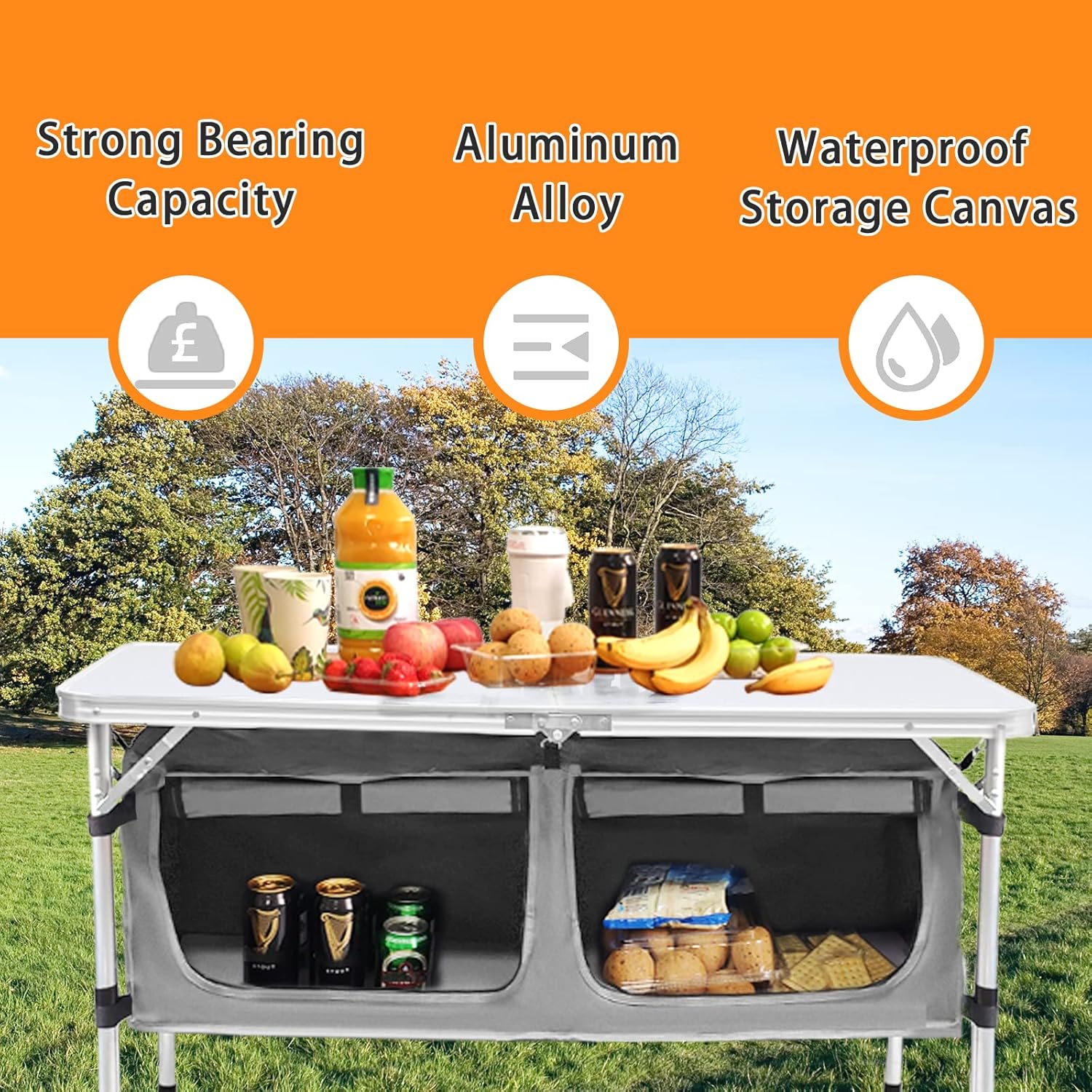 Outdoor Folding Table Aluminum Lightweight Height Adjustable with Storage Organizer for BBQ, Party, Camping wourant