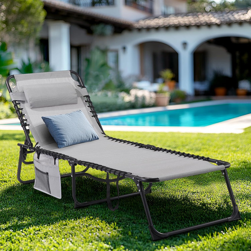 Unovivy Outdoor Chaise Lounge Chairs Set of 2, Portable Folding Pool Lounge Chair with 5-Position Reclining Back, Teslin Tanning Chair for Pool, Beach, Patio, Sunbathing wourant