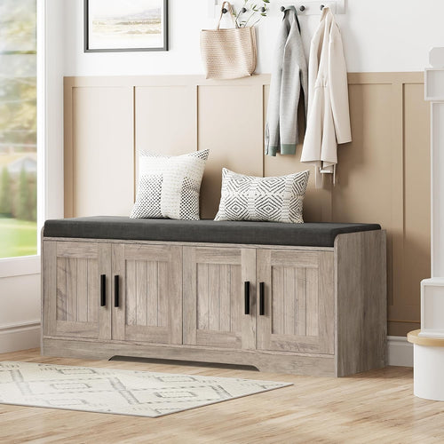 2-Tier Storage Bench, Shoe Bench with Thickened Padded Seat Cushion, Entryway Bench with 4 Doors, Adjustable Shelf, 13.8" D x 45.3" W x 18.5" H, for Entryway, Living Room, Bedroom, White wourant