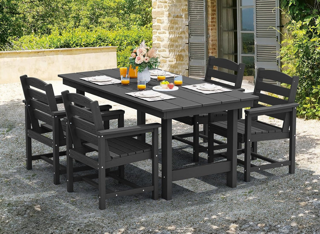 Outdoor HDPE Dining Table Set, 7-Piece Outdoor Dining Table Sets with Umbrella Hole Cut-Out Table and 6 Chairs wourant