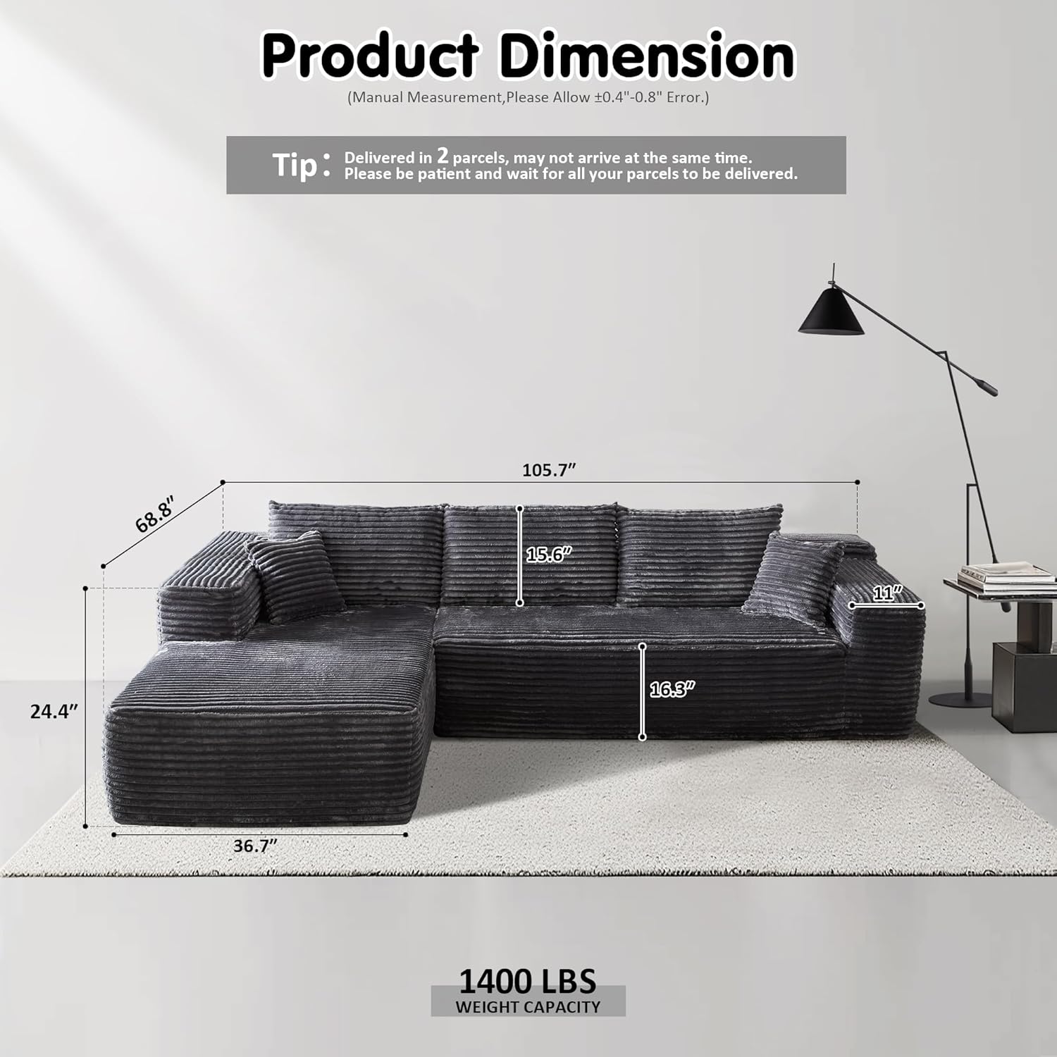 Ovios 104" Cloud Section Sofa L-shaped lounge chair, modern modular sofa wourant