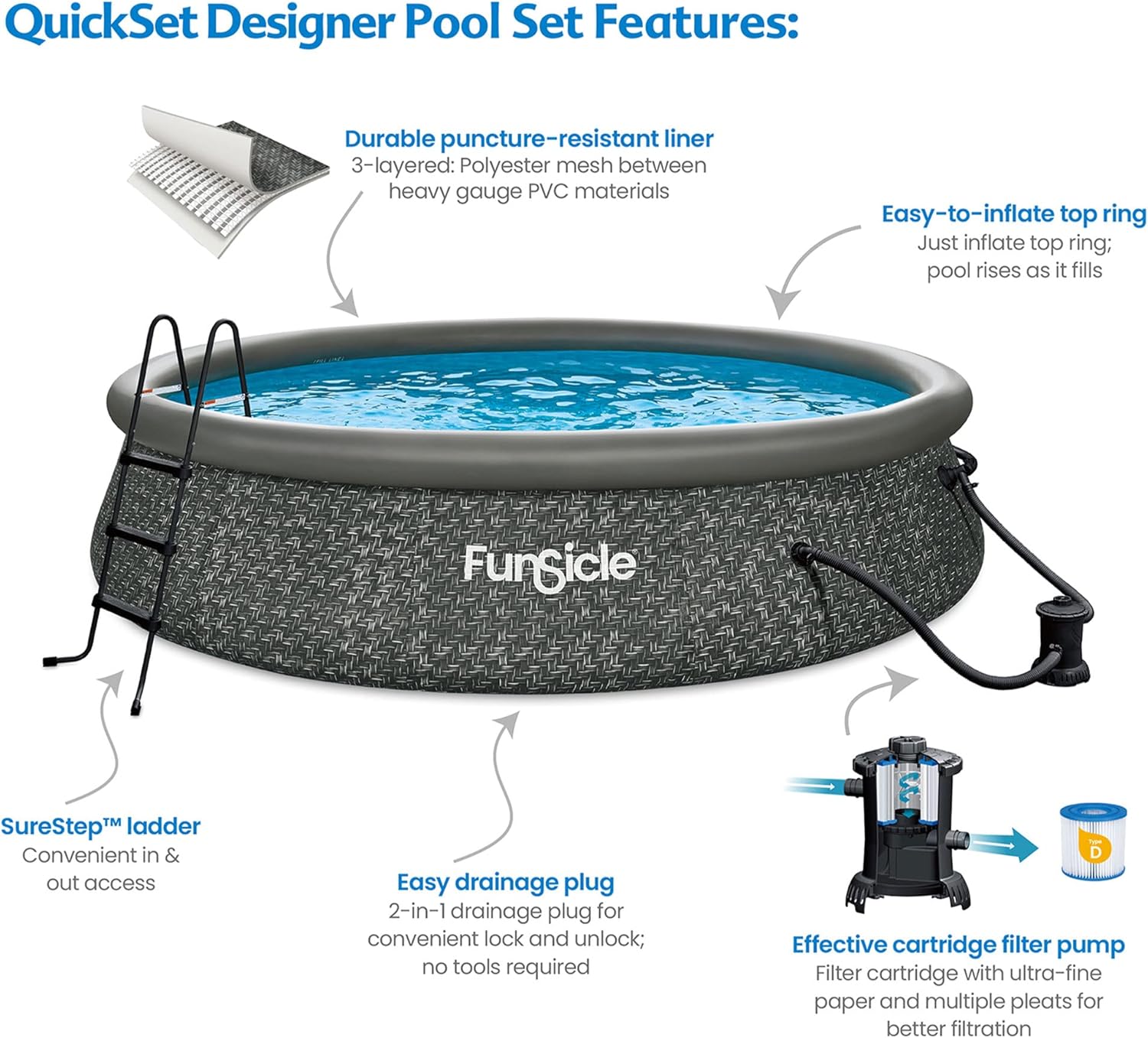 Funsicle 12 Foot by 36 Inch Quickset Round Inflatable Ring Top Outdoor Above Ground Swimming Pool Set with Pump and Cartridge Filter, Dark Herringbone wourant