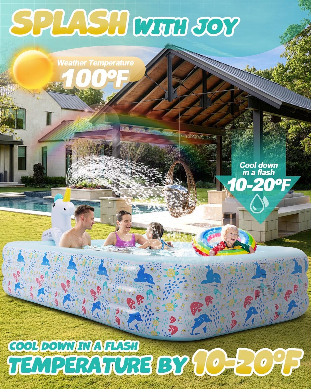 Inflatable Pool for Kids and Adults Large Blow up Swimming Pool (118" L x71 W x 23.5" H), Unicorn Pool for Kids with Sprinkler Thicken Oversized Pools for Whole Family Party Backyard Garden Outdoor wourant
