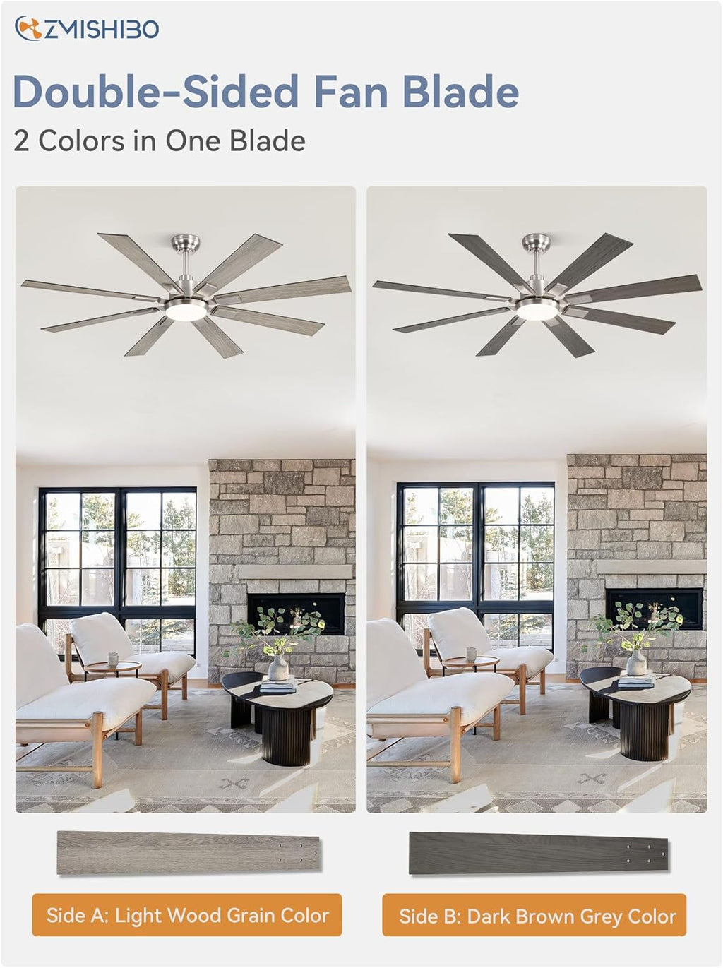ZMISHIBO 72 inch Large Ceiling Fans with Lights and Remote, Indoor/Outdoor Black Modern Ceiling Fan for Kitchen Living Room Patio, 6 Speed Reversible Quiet DC Motor, 3 CCT, Dual Finish 8 Blades wourant
