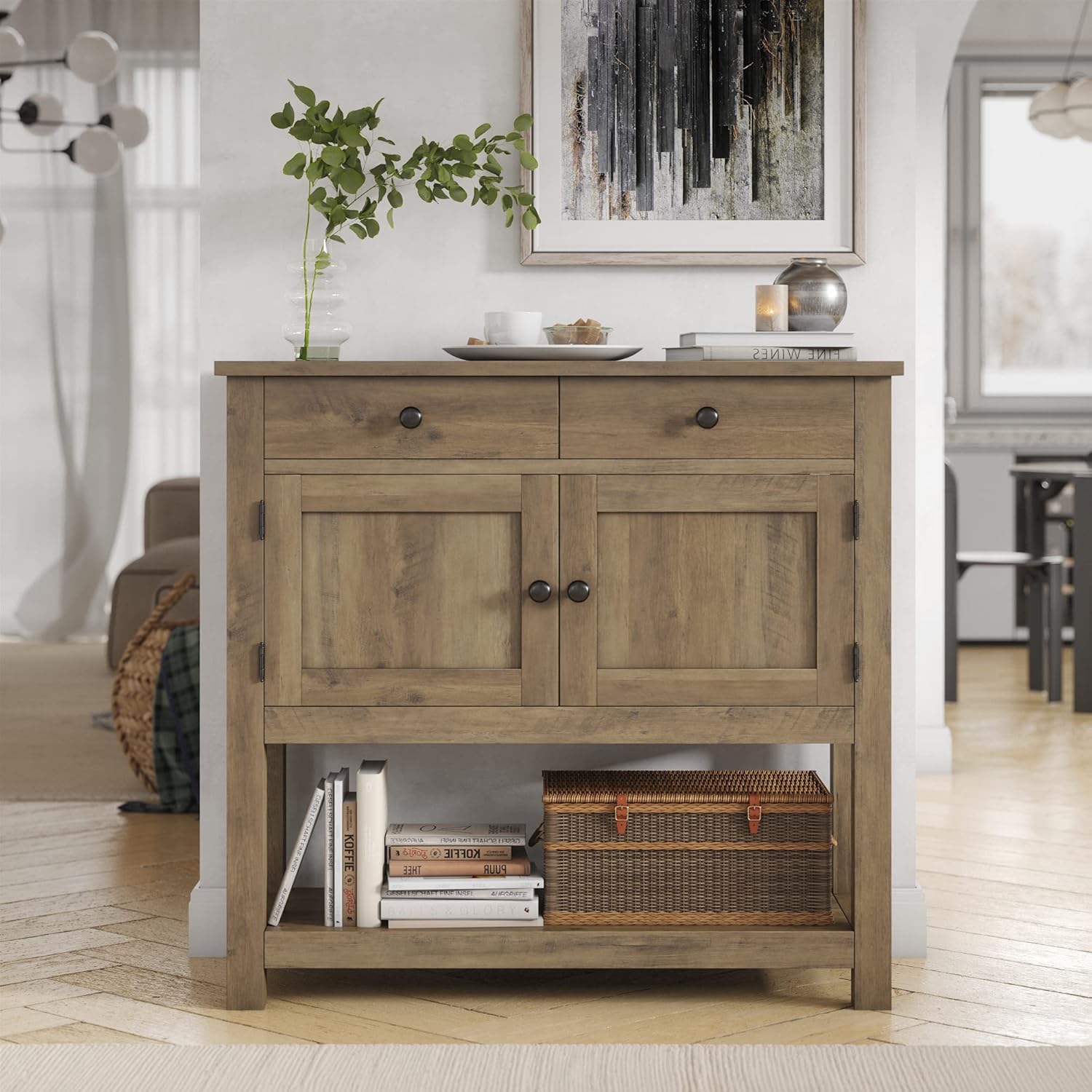 HOSTACK Farmhouse Console Table with 2-Door Cabinet & 2 Drawers, Coffee Bar, Entryway Table with Storage Shelf, Sofa Tables Buffet Sideboard for Kitchen, Hallway, Dining, Living Room, Rustic Brown wourant