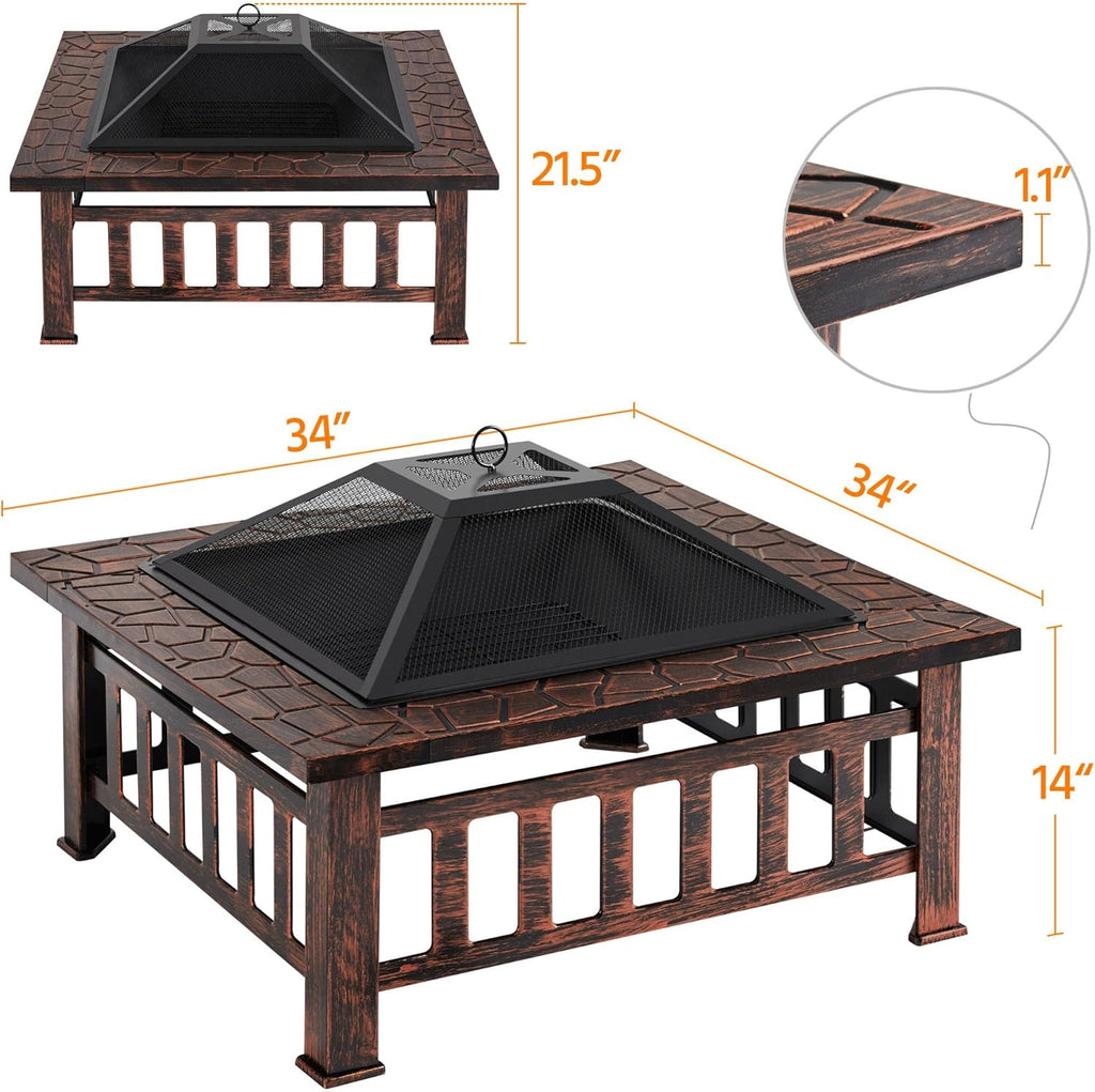 Yaheetech Multifunctional Fire Pit Table 32in Square Metal Firepit Stove Backyard Patio Garden Fireplace for Camping, Outdoor Heating, Bonfire and Picnic wourant