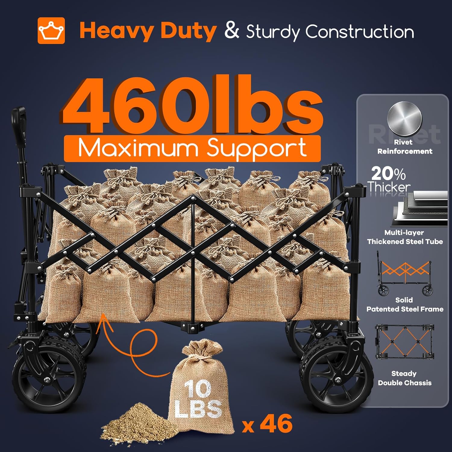 38" long foldable four-wheel stroller, foldable, 460 lb capacity, 220 liter heavy-duty folding beach stroller with large all-terrain tires wourant