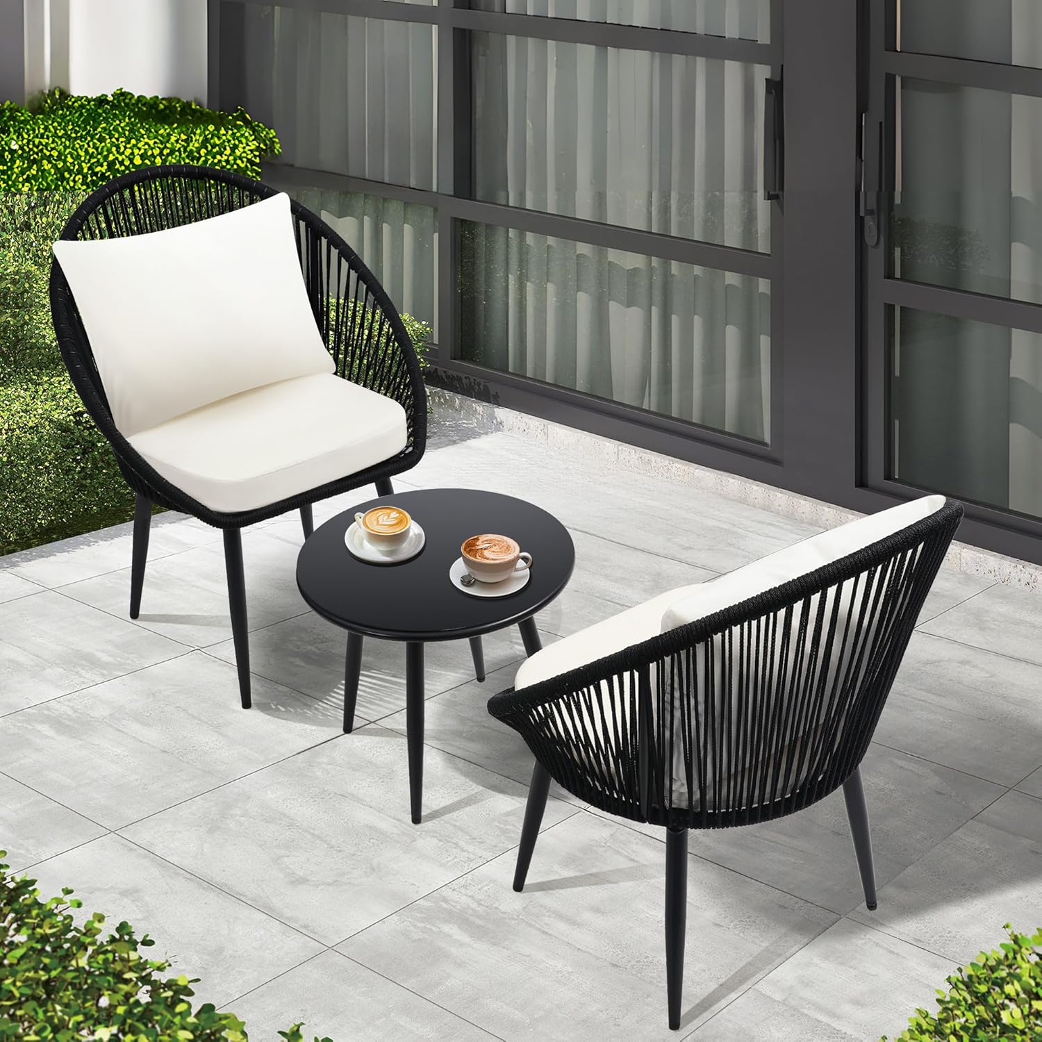 3 Piece Bistro Set, Woven Rope Chair with Cushions, All Weather Patio Conversation Set with Side Table, Ideal for Deck, Balcony, Poolside, Black wourant