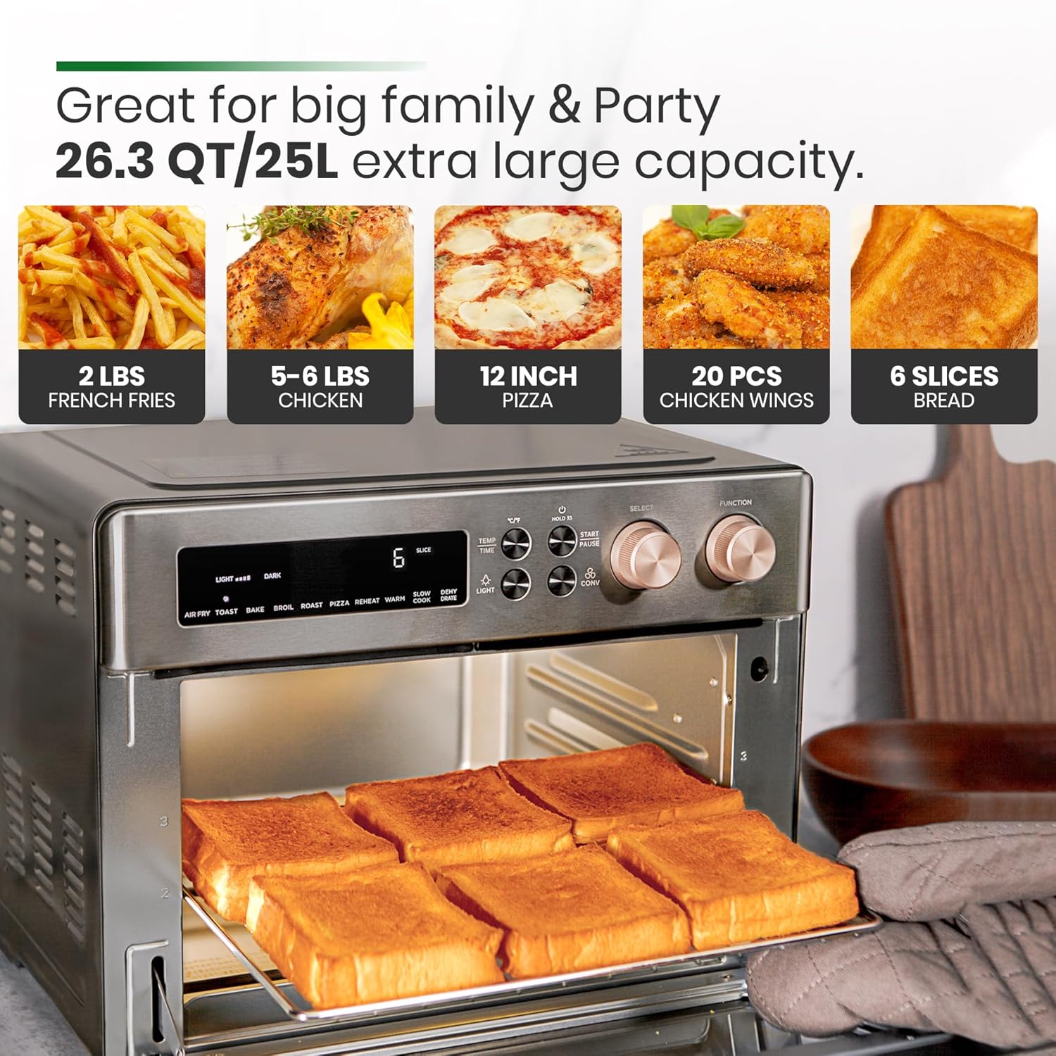 Infrared Heating Air Fryer Toaster Oven, Extra Large Countertop Convection Oven 10-in-1 Combo, 6-Slice Toast, Enamel Baking Pan Easy Clean with Recipe Book, Black Matte Stainless Steel wourant