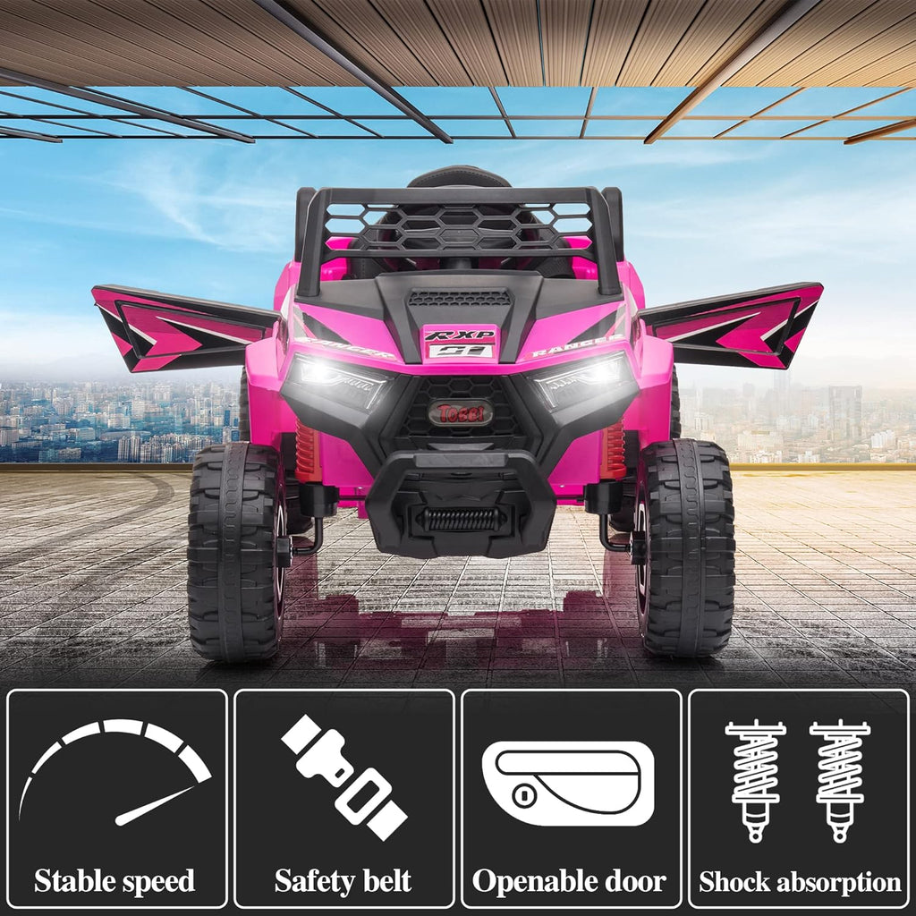 TOBBI 12V Kids Ride on Car, Electric Off-Road UTV Truck with Diverse Functions, Double Open Doors, Safety Belt, Horn, Music, and Lights for Kids Aged 3-5 Years (Rose Red) wourant