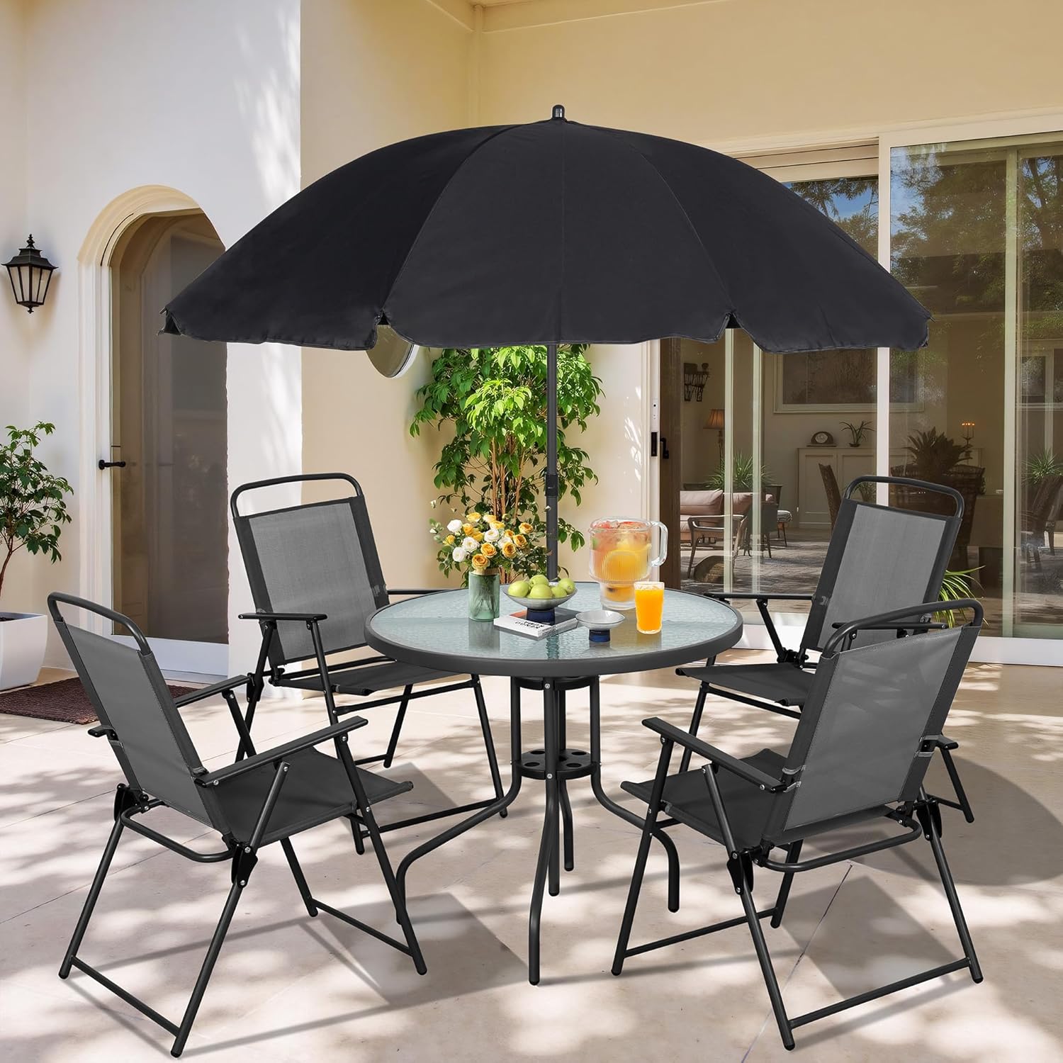 Vongrasig 6 Piece Folding Patio Dining Set,Small Metal Outdoor Garden Patio Table and Chair Set w/Umbrella for Lawn,Deck,Backyard,Black wourant