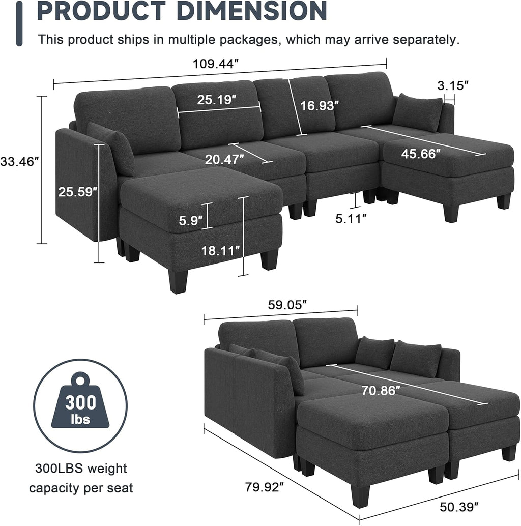 Modular Sectional Sof Convertible U Shaped Sofa Couch with High Density Memory Foam wourant