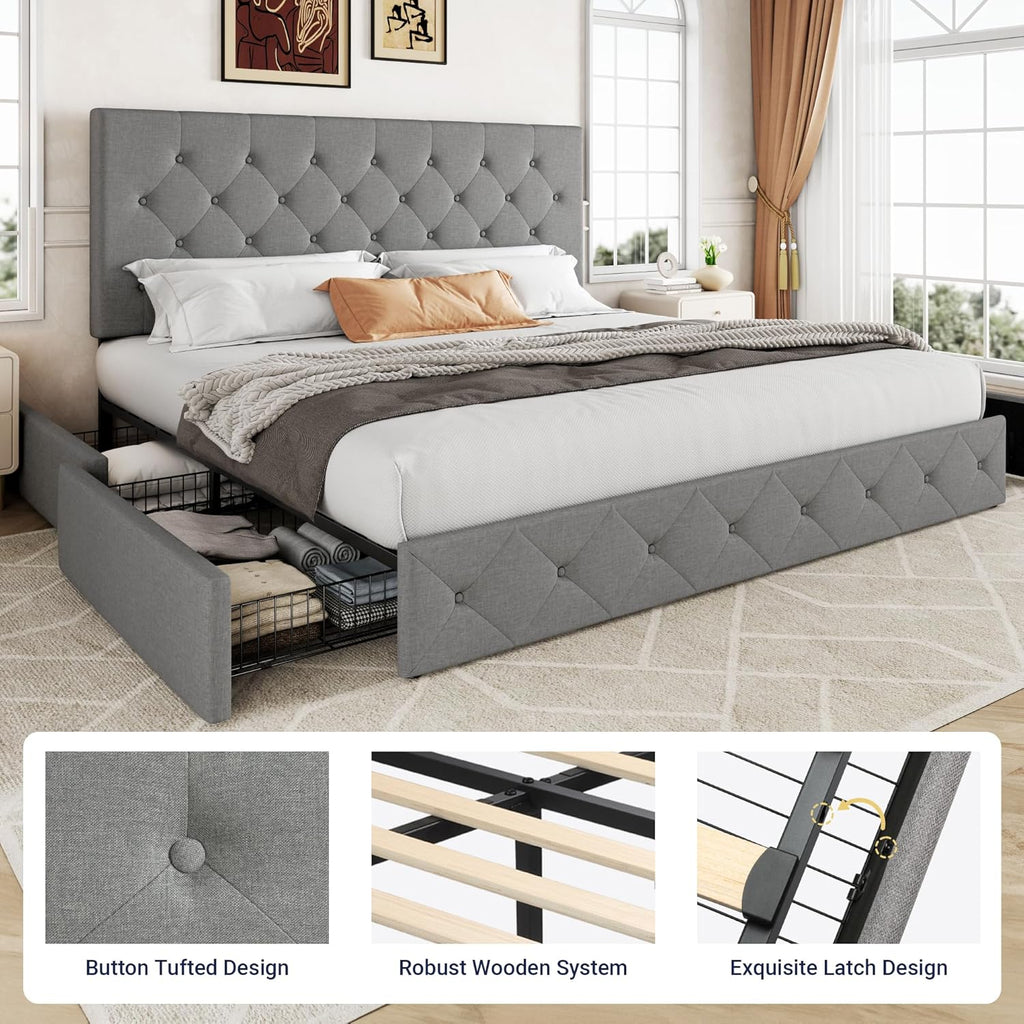 Allewie Upholstered Queen Size Platform Bed Frame with 4 Storage Drawers and Headboard wourant