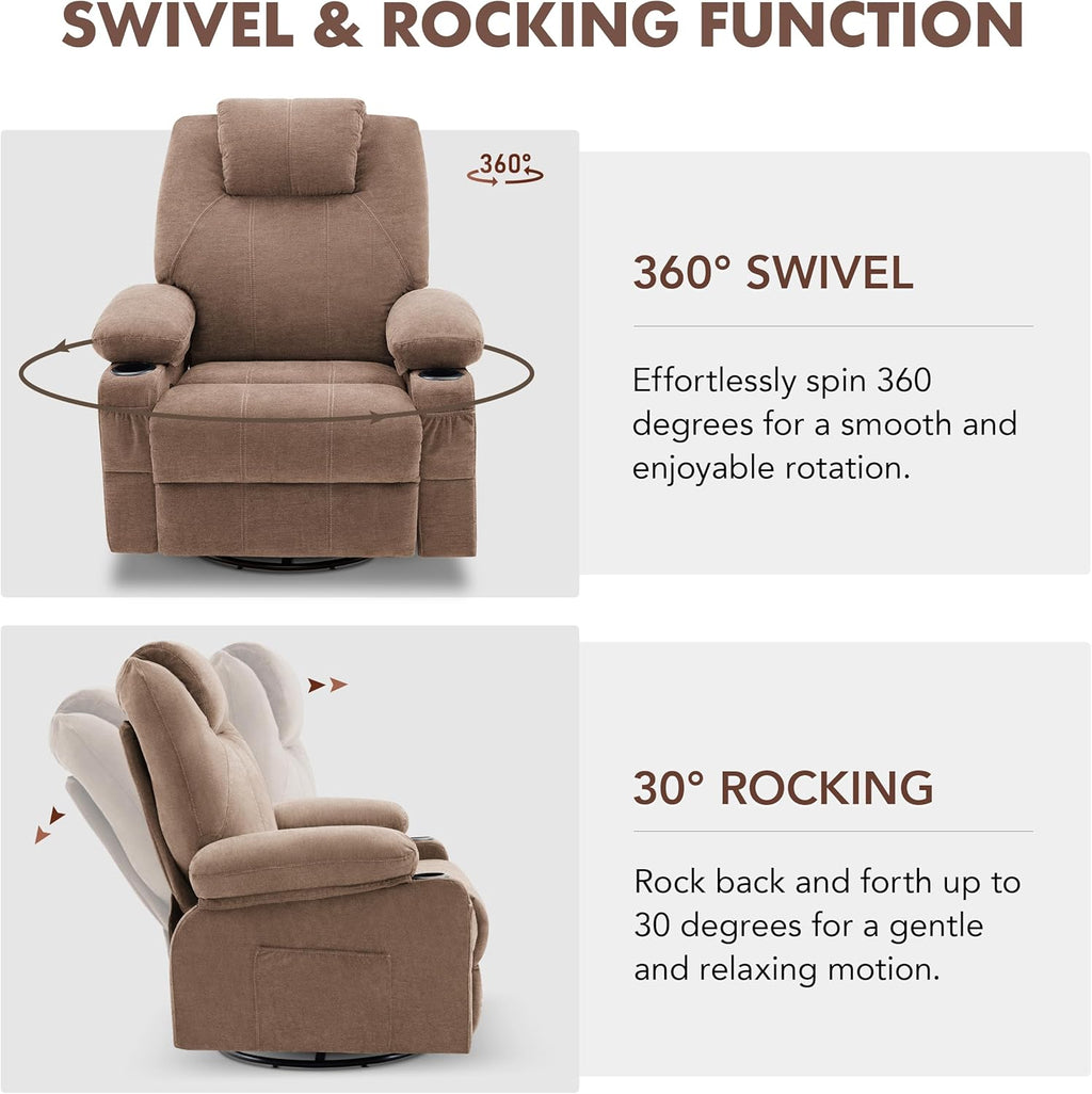 Large Swivel Rocking Recliner with Heating and Massage Function, 360 Degree Swivel Rocking Single Sofa wourant