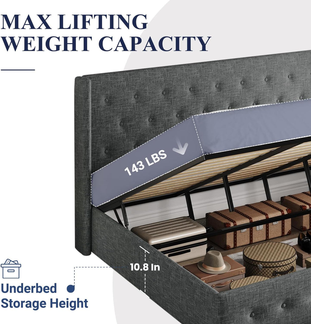 Allewie Queen Size Lift Up Storage Bed Modern Wingback Headboard Hydraulic Support wourant
