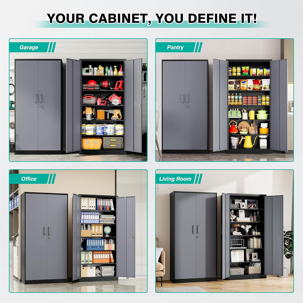 Metal Storage Cabinet with 2 Doors and 6 Shelves, Black Metal Cabinet with Lock, 71 Inch Lockable Garage Storage Cabinet wourant