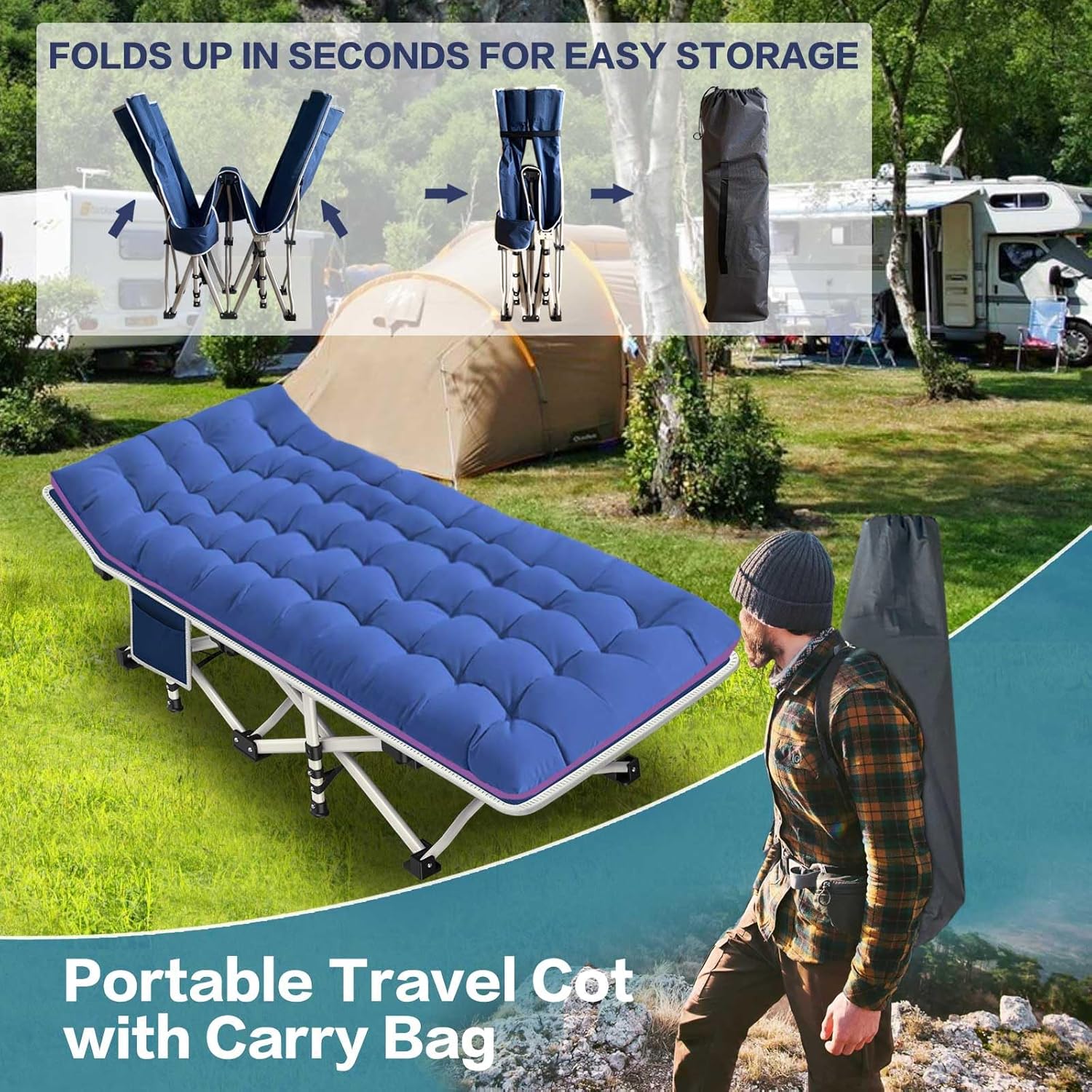 2 Pack Camping Cot with Mattress Comfortable Cot Bed Folding Cot Heavy Duty Cots for Sleeping with Carry Bag for Adults Kids Guest Bed Outdoor Indoor Home wourant
