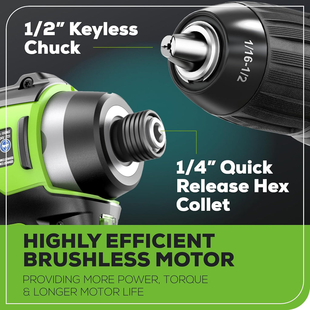 24V Brushless Cordless Drill and Impact Driver,Power Tool Combo Kit Included 1/2”Drill & 1/4”Hex Impact Driver and (2) Batteries, Fast Charger, 2 pcs Drill Bit Set & Bag wourant