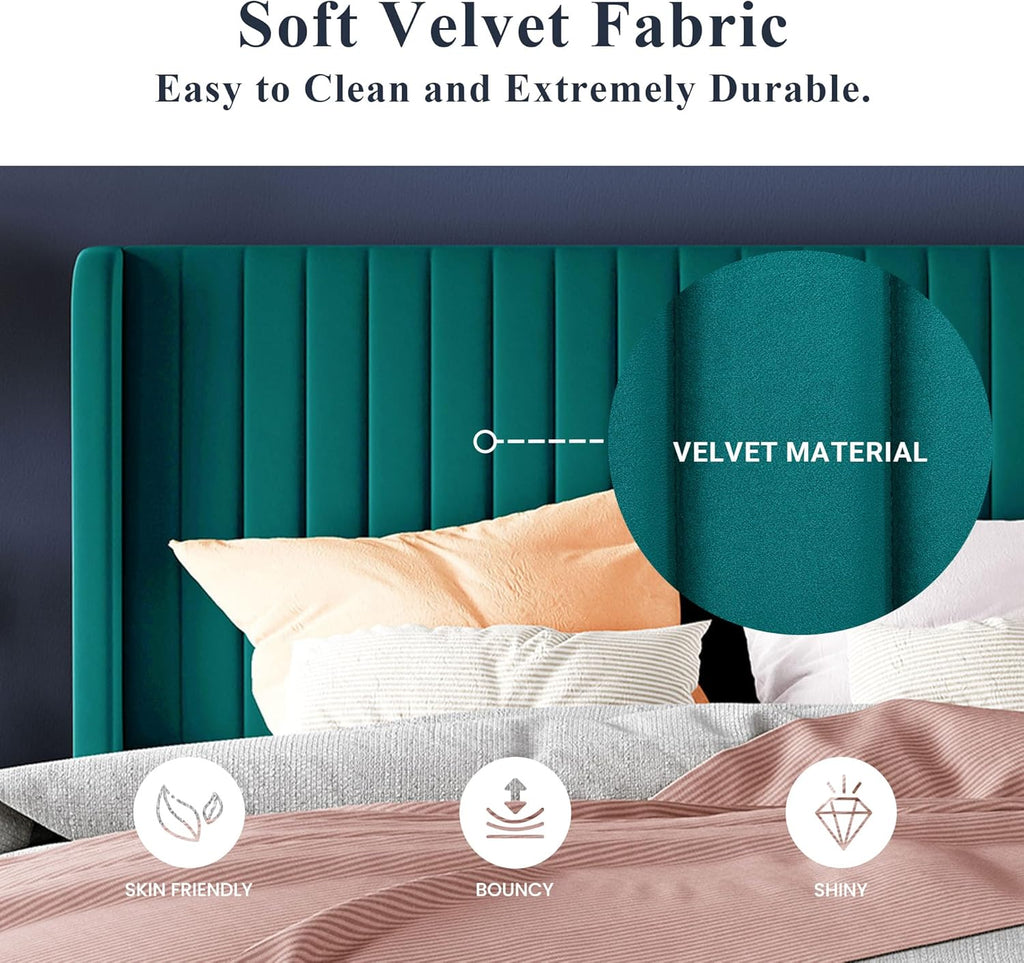 Allewie Full Size Velvet Bed Frame Vertical Channel Tufted Wingback Headboard Upholstered Bed wourant