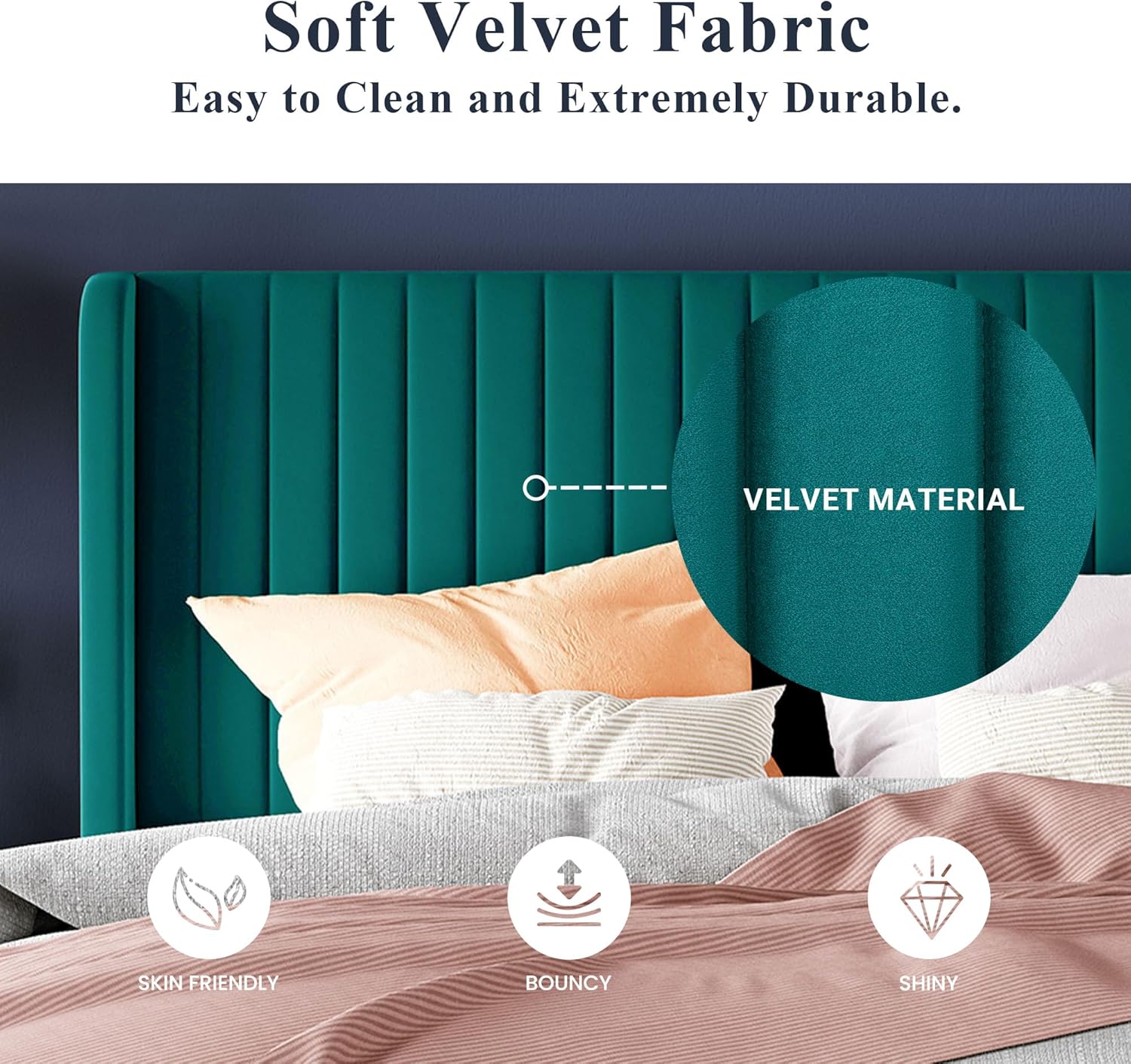 Allewie Full Size Velvet Bed Frame Vertical Channel Tufted Wingback Headboard Upholstered Bed wourant
