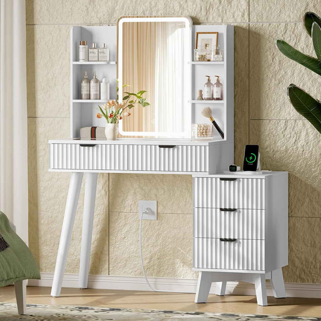 Vanity Desk with LED Lights Mirror & Power Outlet, Small Makeup Vanity Table Set wourant
