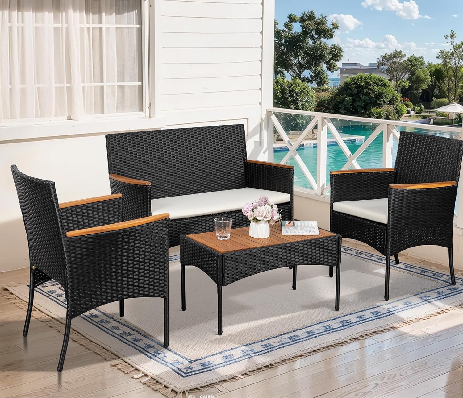 Shintenchi 4-Piece Patio Furniture Set, Outdoor Wicker Patio Conversation Furniture Set with Cushions and Wooden Tabletop for Paito Lawn Backyard, White Cushion wourant