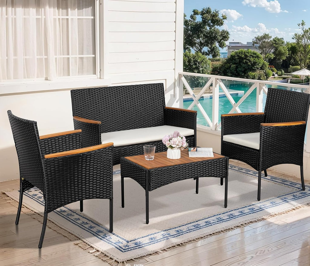 Shintenchi 4-Piece Patio Furniture Set, Outdoor Wicker Patio Conversation Furniture Set with Cushions and Wooden Tabletop wourant