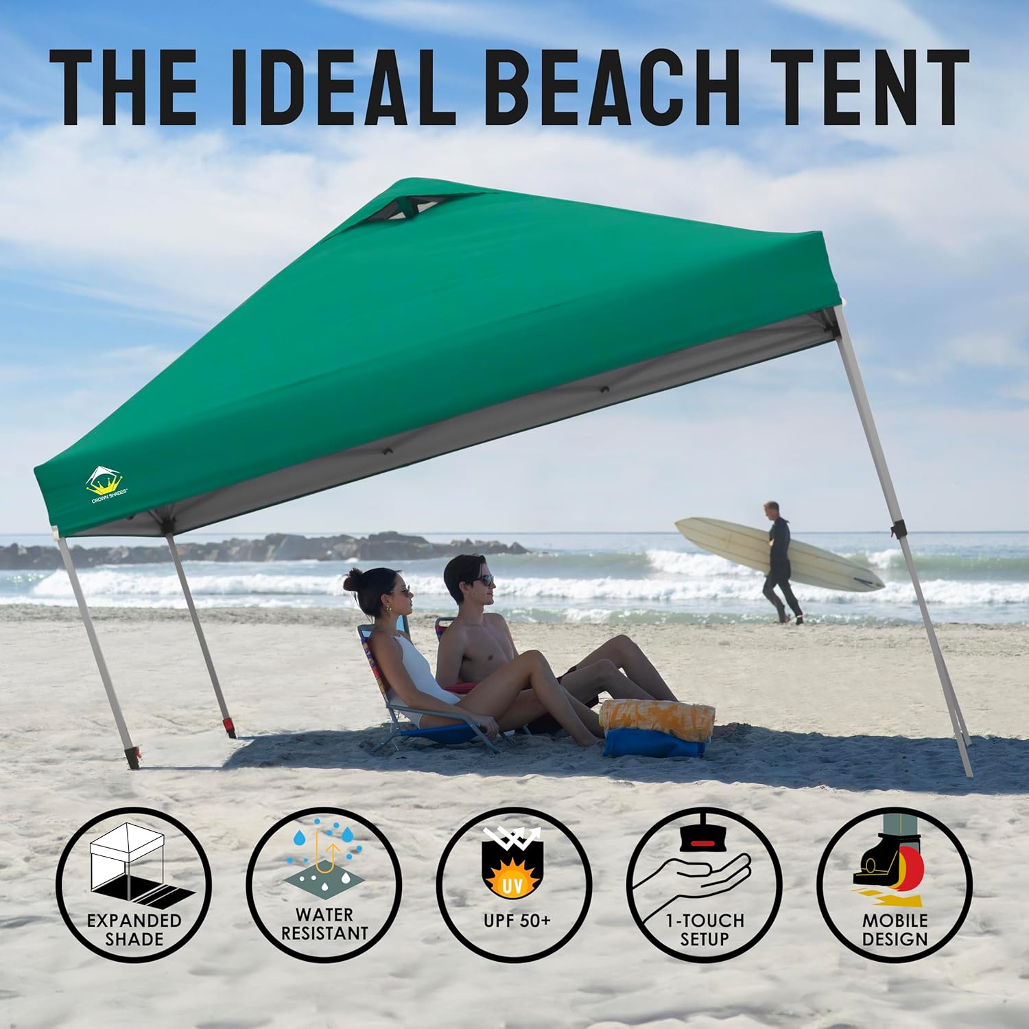 10x10 Pop-Up Awning - One-Click Installation Beach Tent - Outdoor Sunshade Silver Coated Top, 3 Heights and 4 Sand Pockets wourant