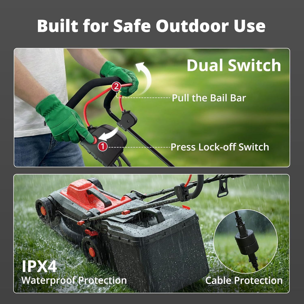 14-Inch Corded Electric Lawn Mower, 12.5 Amp 3400RPM 2IN1 Mulching & 10-Gallon wourant