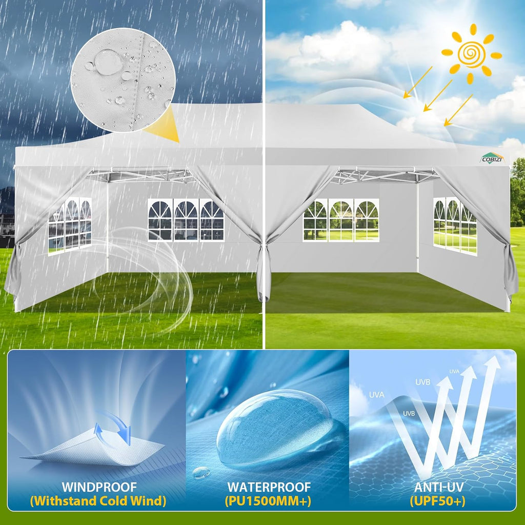 COBIZI 10x20 Heavy Duty Pop up Canopy Tent with 6 sidewalls Easy Up Commercial Outdoor Canopy Wedding Party Tents for Parties All Season Wind & Waterproof Gazebo with Roller Bag,Black(Frame Thickened) wourant