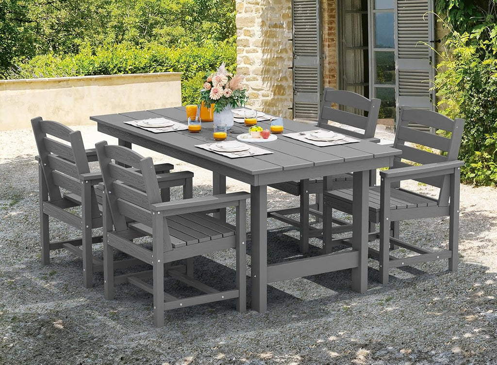 Outdoor HDPE Dining Table Set, 7-Piece Outdoor Dining Table Sets with Umbrella Hole Cut-Out Table and 6 Chairs wourant
