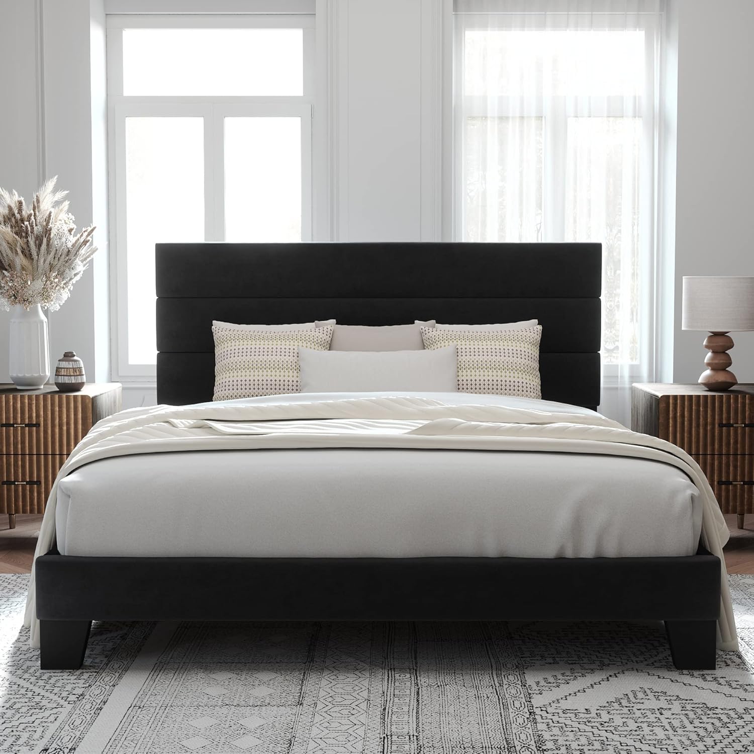 Allewie Queen Size Platform Bed Frame Fabric Upholstered Headboard Wooden Slats Support wourant