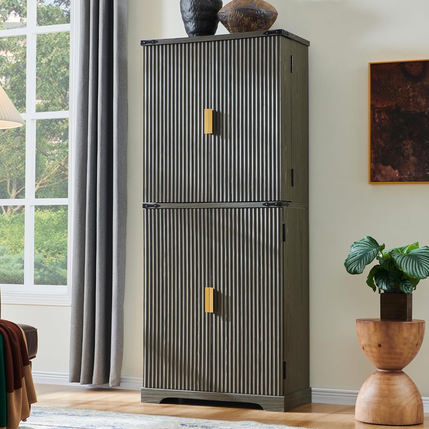 Fluted Pantry Cabinet, 72" Tall Modern Storage Cabinet with 4 Doors, Organizer, Drawer and Adjustable Shelves, Wood Cupboard wourant