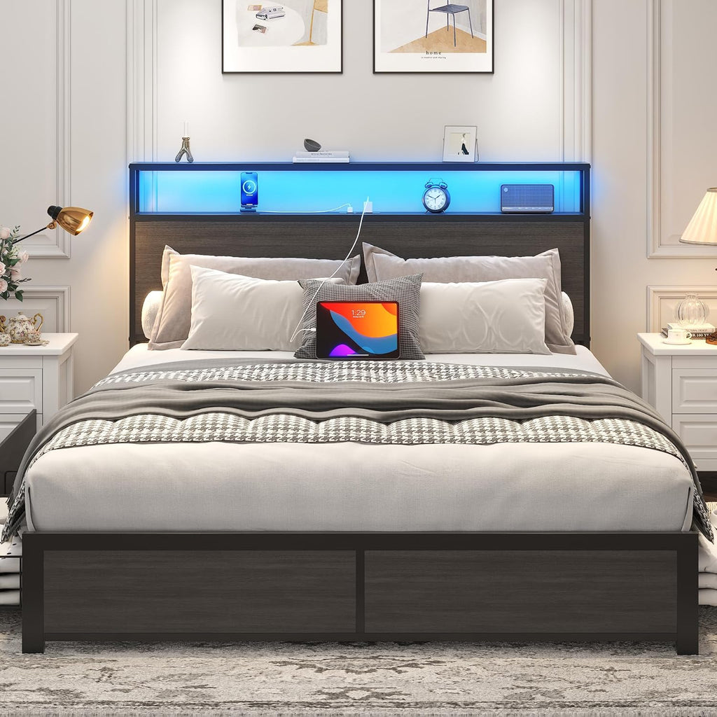 Lifezone Queen Bed Frame with 2-Tier Storage Headboard, Metal Platform Bed Frame with 4 Storage Drawers, Built in Charging Station & LED, Noise-Free/Metal Support/No Box Spring Needed wourant