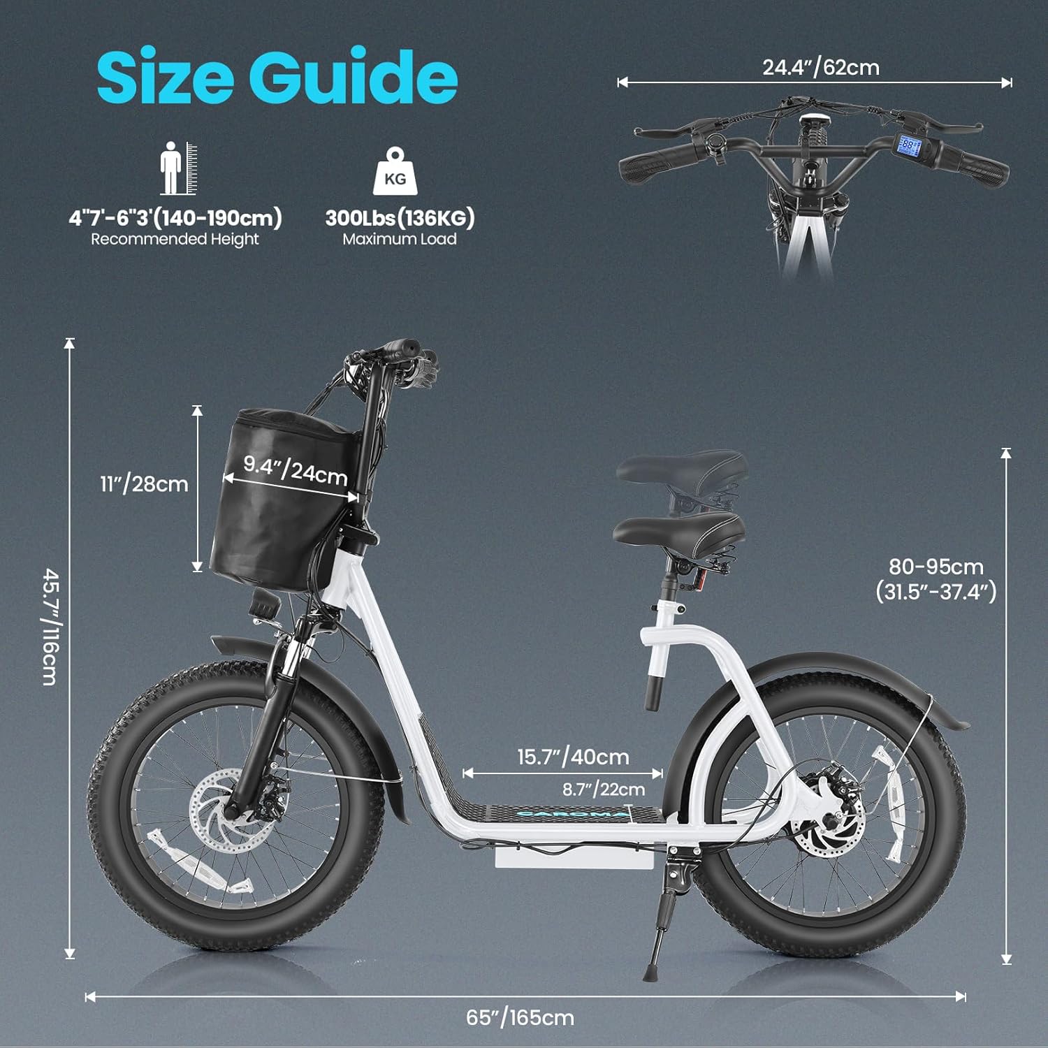 Caroma Peak 800W Foldable Adult Electric Scooter with 20-inch Wide Tires, 48V Battery, Basket, and Adjustable Seat wourant