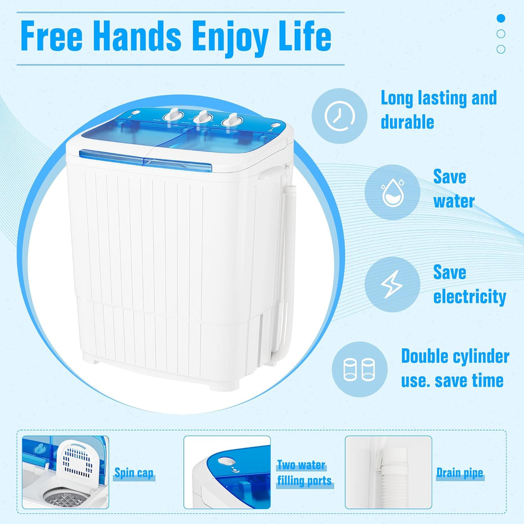 INTERGREAT Portable Washing Machine with Longer Hose, 16lbs Twin Tub Washer Mini Compact Laundry Washing Machine with Drain Pump, Semi-automatic Washer Combo for Dorms, Apartments, Blue wourant