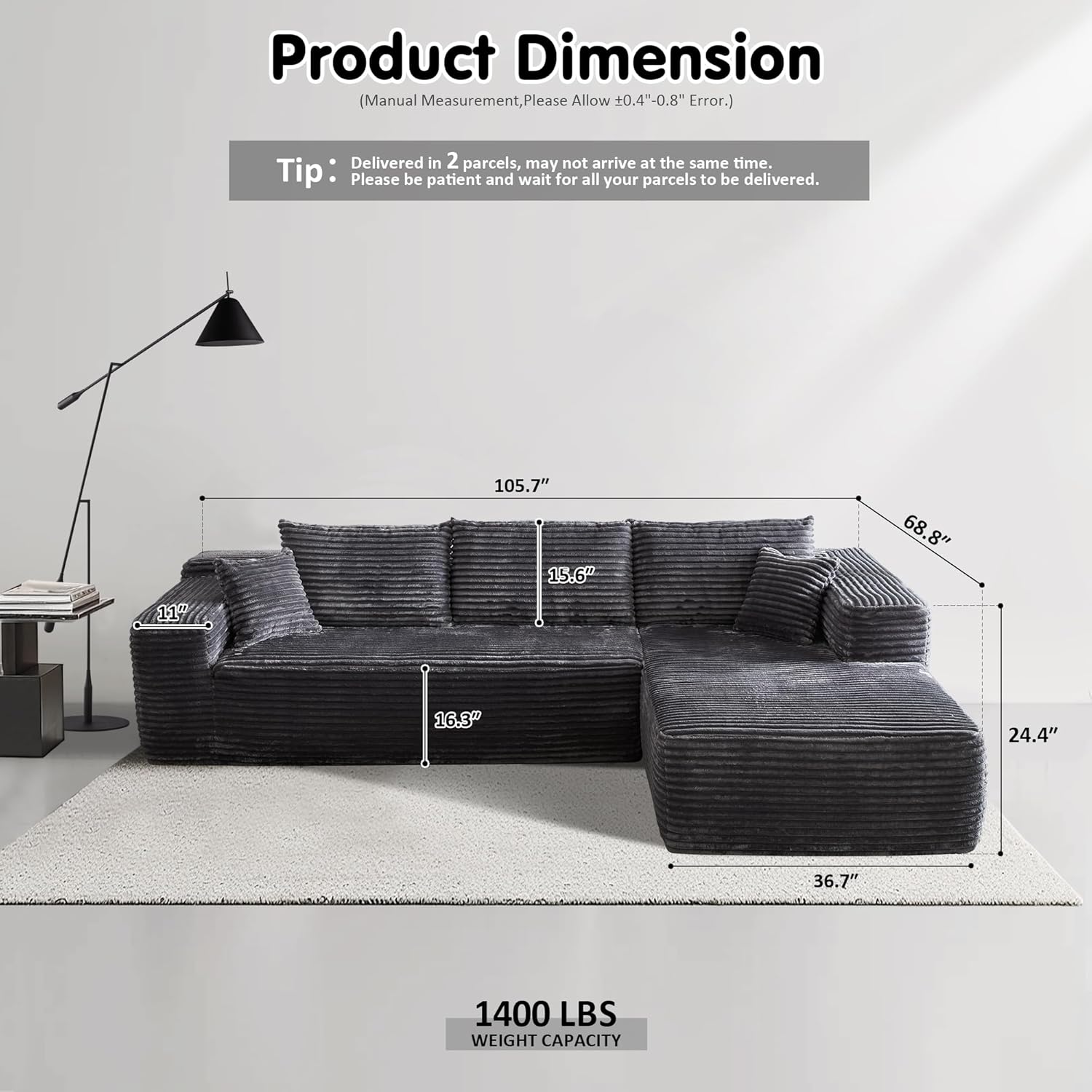 Ovios 104" Cloud Section Sofa L-shaped lounge chair, modern modular sofa wourant