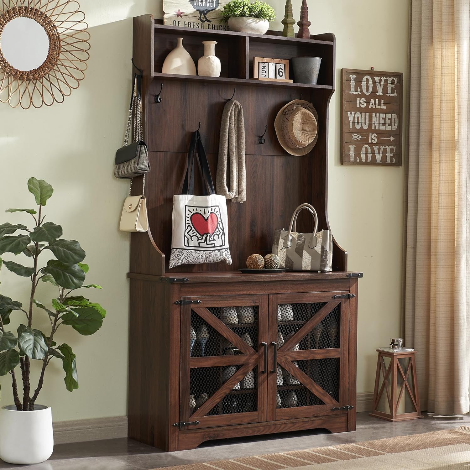 JXQTLINGMU 59-inch Farmhouse Foyer Tree with Shoe Storage, Entryway Bench Foyer Coat Rack Cabinet wourant