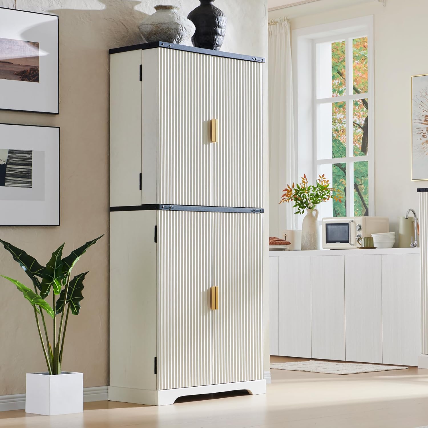 Fluted Pantry Cabinet, 72" Tall Modern Storage Cabinet with 4 Doors, Organizer, Drawer and Adjustable Shelves, Wood Cupboard wourant